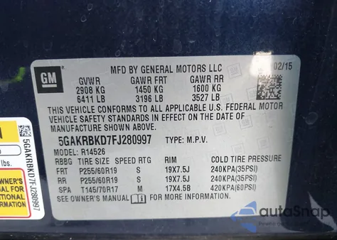 2015 Buick Enclave Leather z USA, uszkodzony, nr VIN 5GAKRBKD7FJ280997